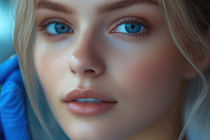 A close-up portrait of a young woman esthetic technologist with blue eyes and l, a Person Photo by Textures & Backgrounds