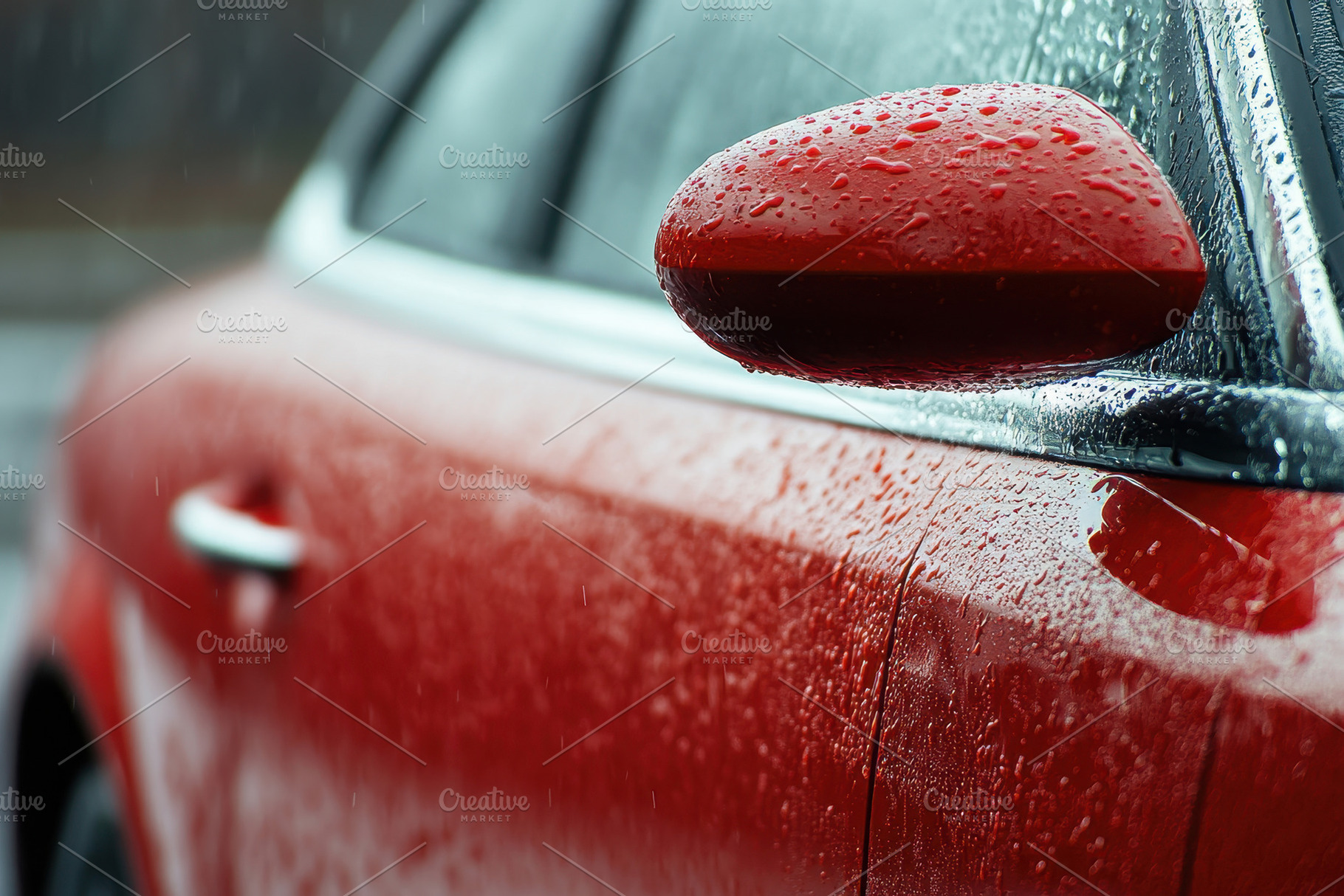 Red car parked beside the road durin, a Photo by Tanuart