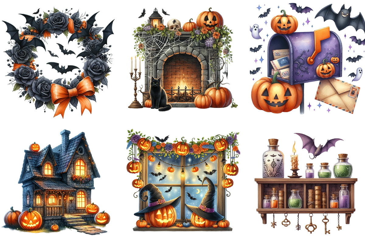 Watercolor Halloween Home Clipart, an Illustration by DreamArtGraphic (Photo 2 of 4)