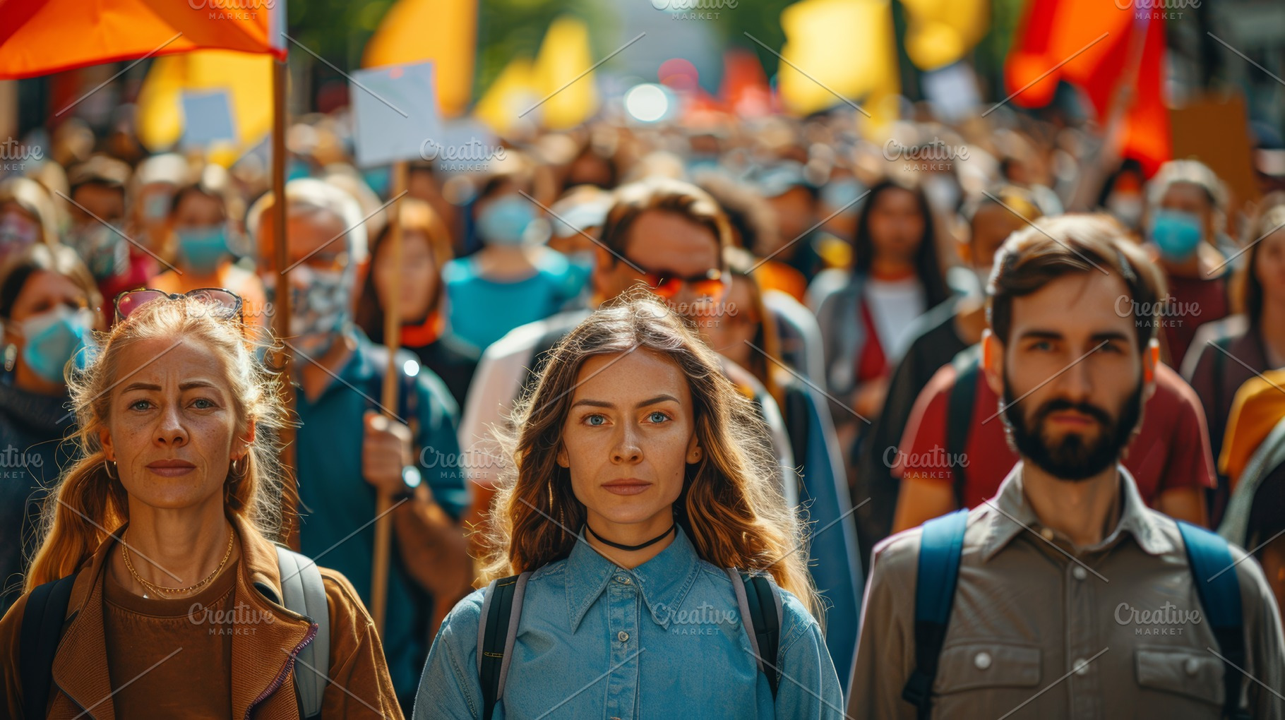 Diverse crowd of protesters marching with banners and flags, a Photo by AS photostudio