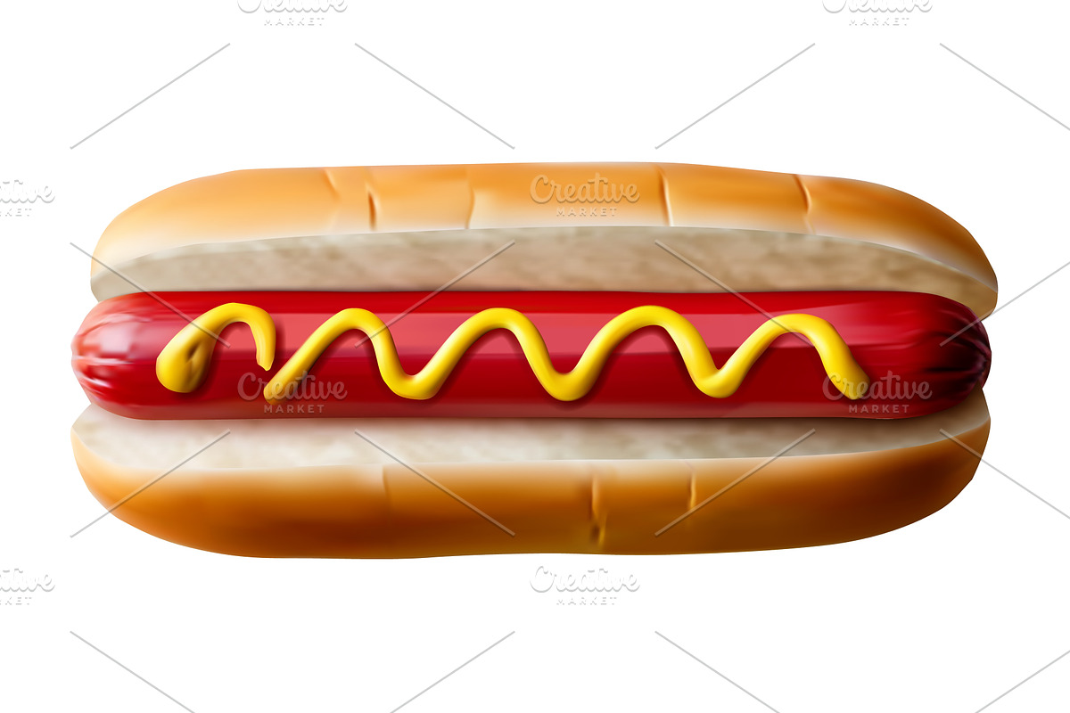 A hot dog sits in a soft bun, topped, a Food Illustration by Woters little shop