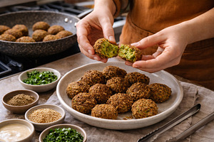 Egyptian cuisine falafel preparation, a Photo by Dvoevnore photos