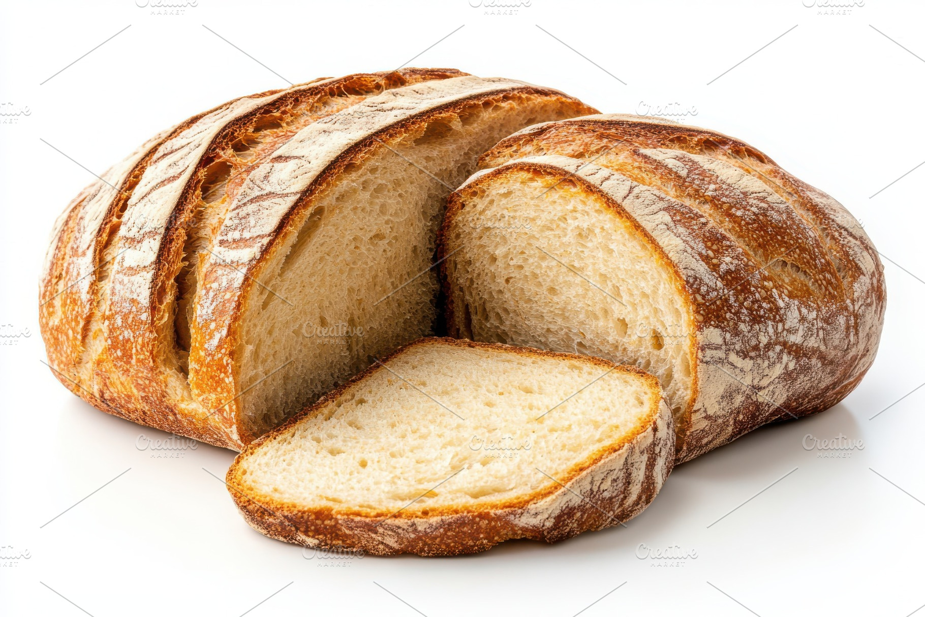 Crusty artisan bread loaf sliced sho, a Photo by Pixeness Studio