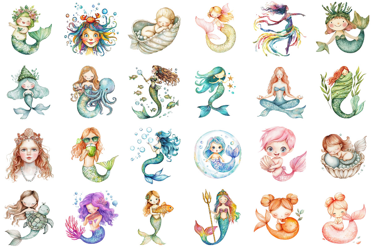 Cute Mermaid Watercolor Clipart, an Illustration by Sublimation Artist (Photo 2 of 6)