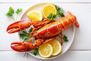 Freshly cooked lobster served with lemon slices on a white plate, an Animal Photo by AlyaAnd