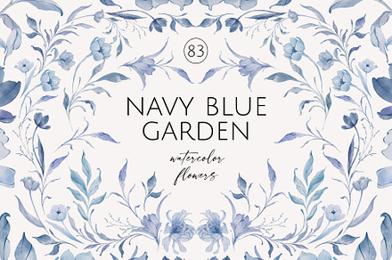 NAVY BLUE GARDEN watercolor flowers