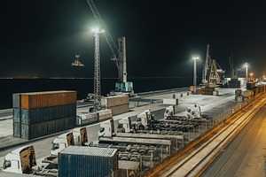 Night cargo port: trucks and cranes, an Industrial Photo by SkyNext