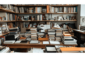 Cluttered study room with stacks of, a School & Education Photo by Sergey Kotenev