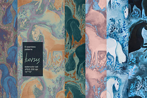 Floral horse seamless watercolor set