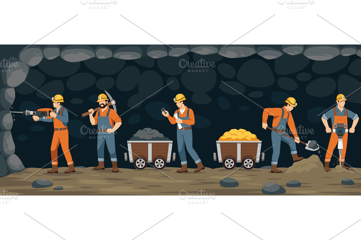 Miner workers characters. People in, an Illustration by YummyBuum