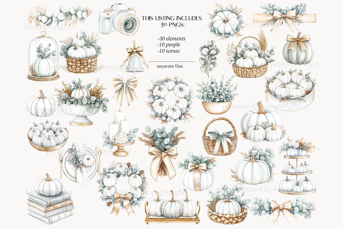 Elegant Autumn White Pumpkin Clipart, a Seasonal Illustration by GlamArtZhanna (Photo 3 of 8)