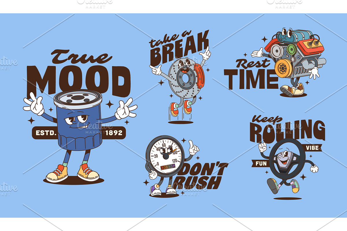 Retro groovy car spare parts, a Decorative Illustration by Buch&Bee