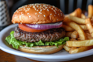 Delicious hamburger with fresh toppi, a Photo by Tanuart
