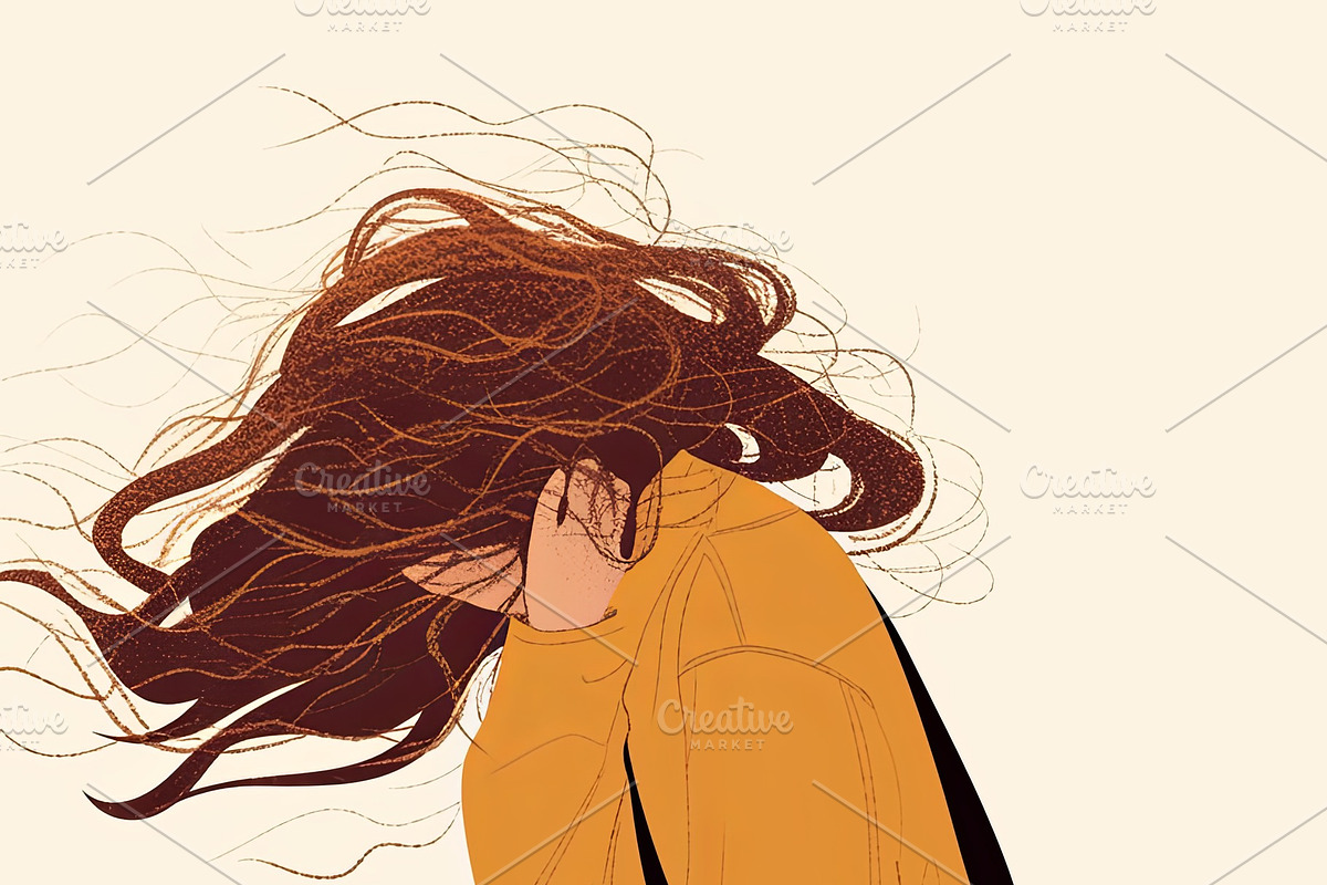 Illustration of a woman walking with wind-swept hair and contemplative posture, an Illustration by AS photostudio