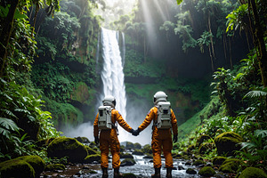 Astronauts together in forest near waterfall under glowing light, a Person Photo by GoodGoods