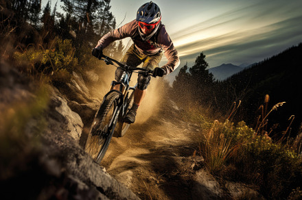 An action shot of a mountain biker speeding downhill on a rugged, a Sports & Recreation Photo by designvectx