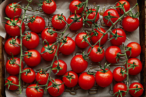 Freshly washed cherry tomatoes sit o, a Photo by Tanuart