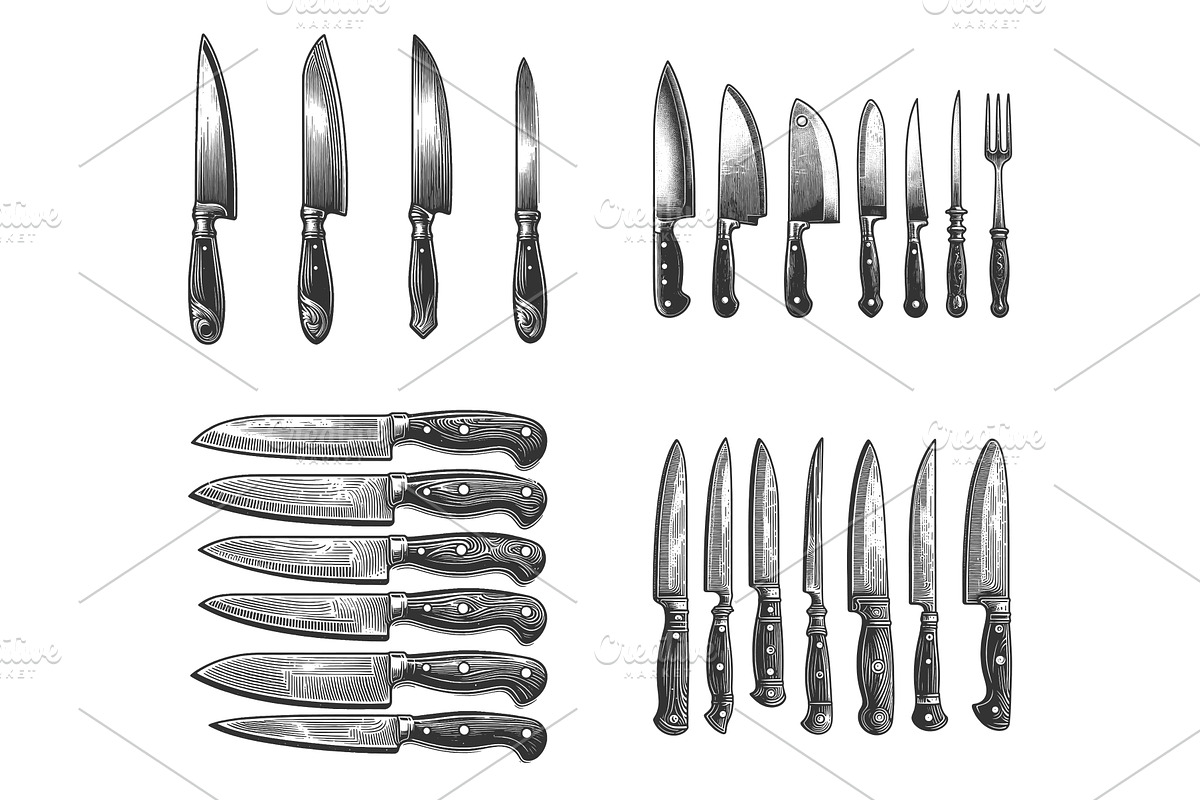 kitchen knife engraving set vector, a Food Illustration by AlexArt