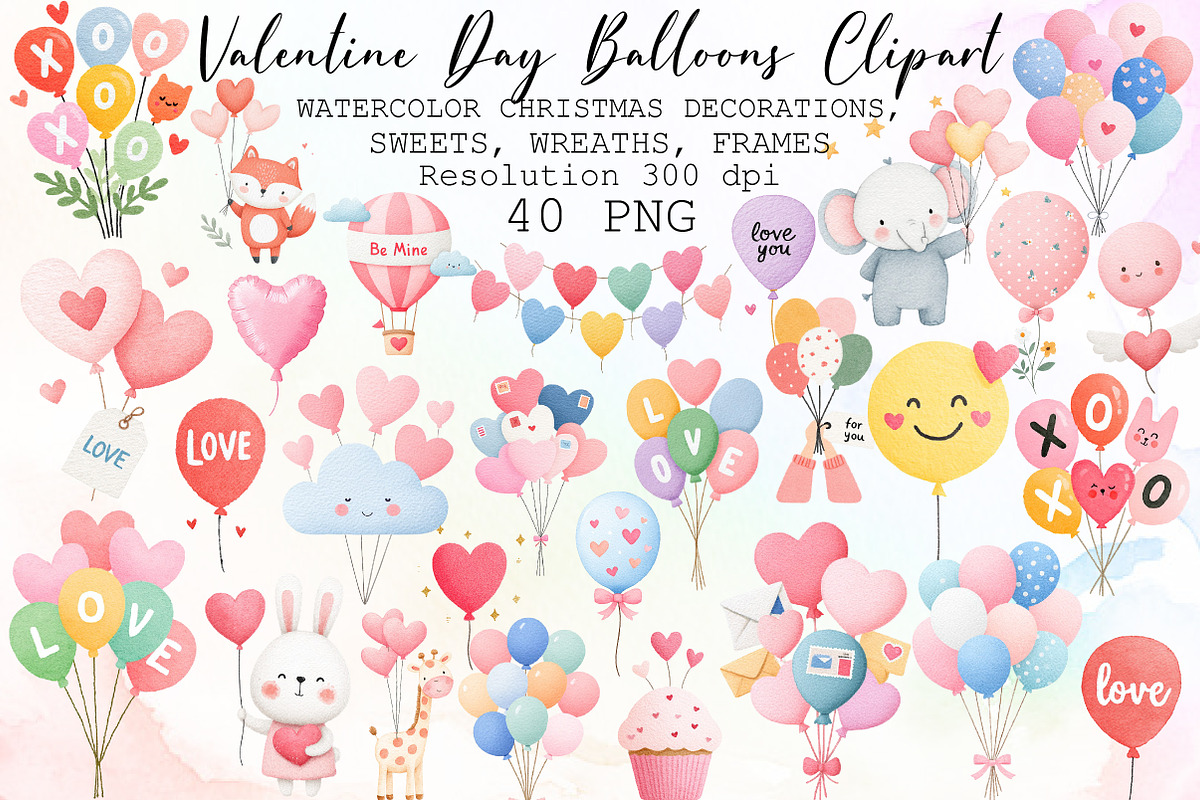 Cute Valentine Day Balloons Clipart, an Illustration by Sublimation Artist (Photo 1 of 6)