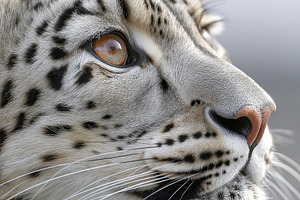 Snow leopard in close-up showcasing unique fur patterns and striking gaze, an Animal Photo by AlyaAnd
