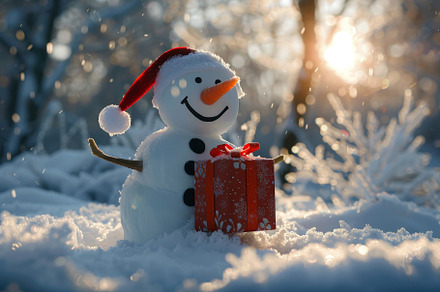 A delightful snowman stands in a sno, a Photo by Tanuart