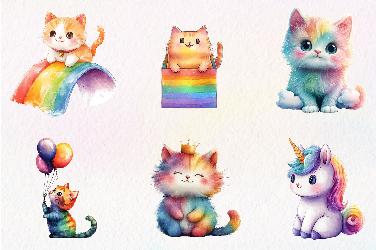 Adorable Rainbow Cute Cat Clipart, an Illustration by CreationArt (Photo 7 of 9)