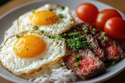 Delicious fried eggs with steak serv, a Photo by Iftikhar Alam