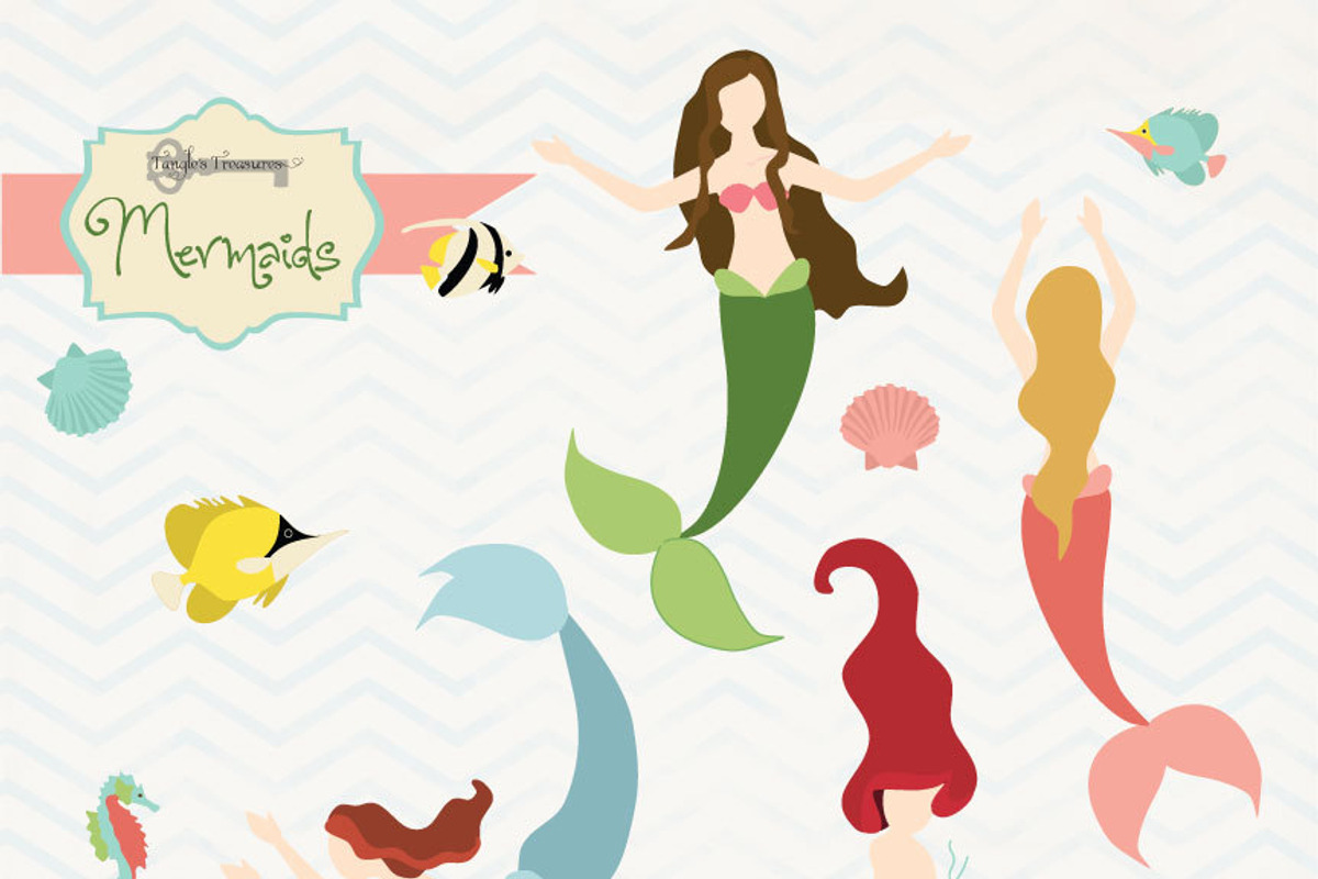 Mermaids Clipart Set, an Illustration by Verdigris Studios