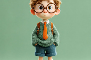 Charming cartoon schoolboy with glasses and orange tie standing, a Person Photo by José Manuel Gelpi
