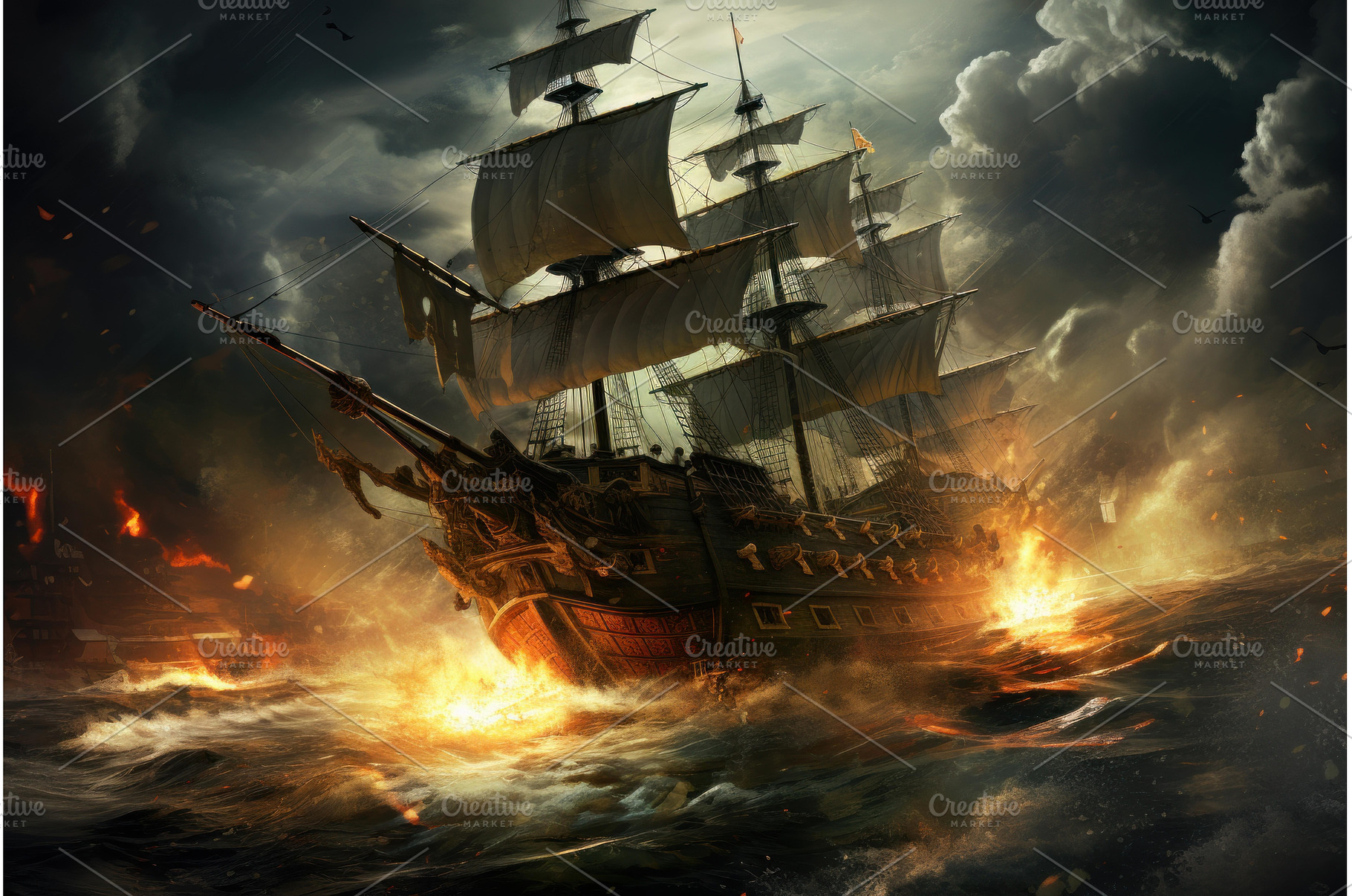 Fierce Pirate ships battle storm, a Transportation Photo by Ylivdesign