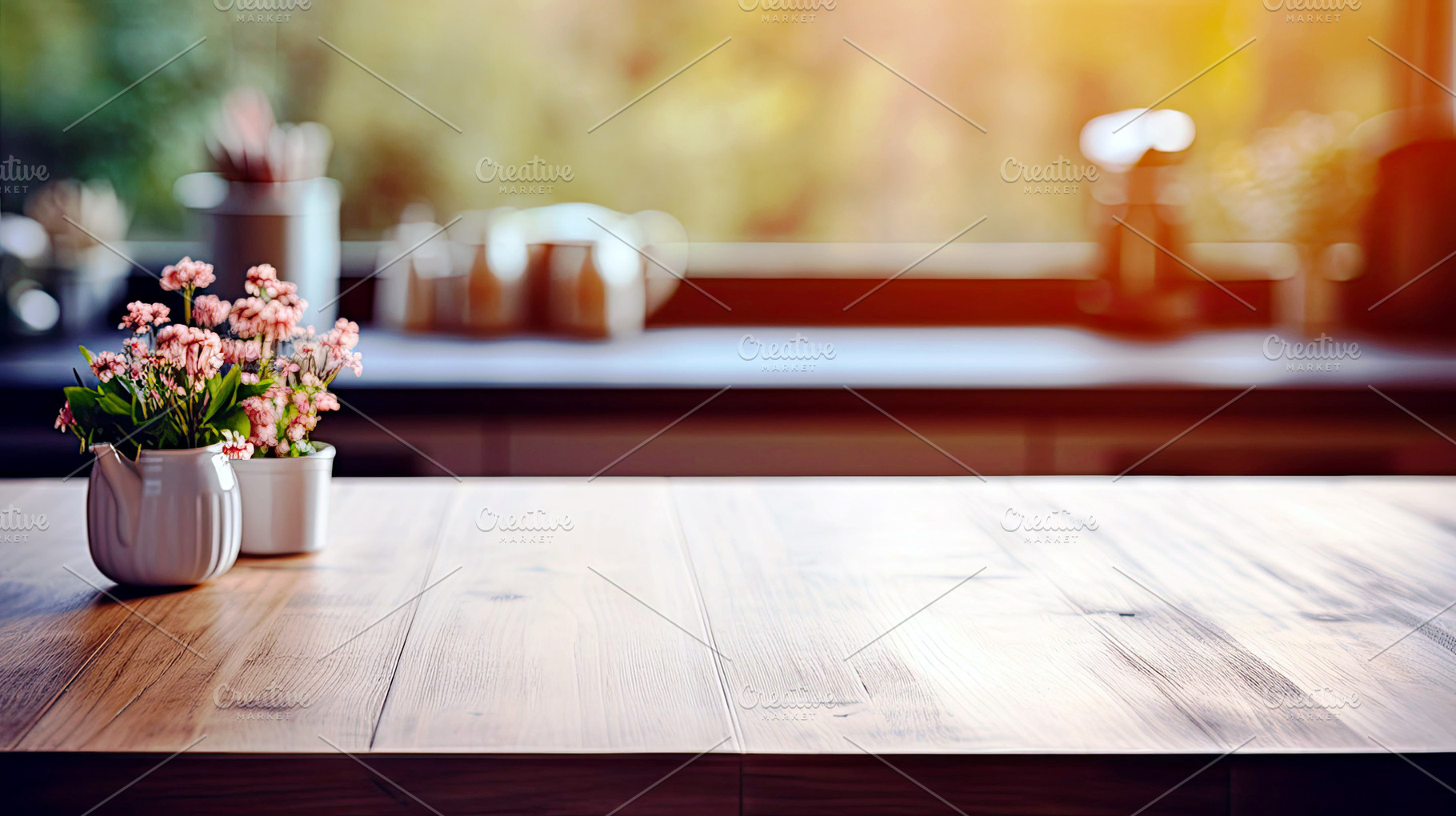Wooden tabletop over defocused kitch, a Photo by LOGOCREATIVE