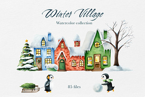 Watercolor Winter Penguin Village, an Illustration by Navenzeles