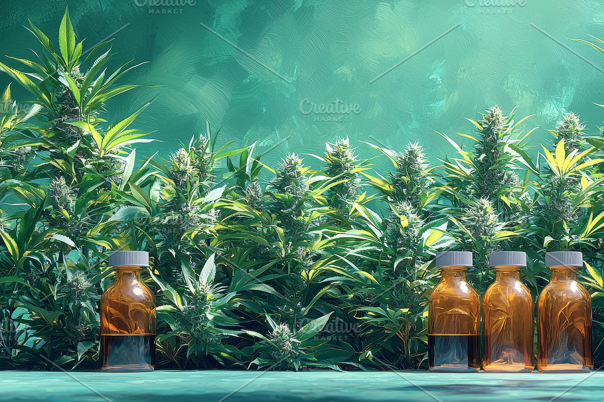Bottles of extracts with lush green cannabis plants in the background, an Illustration by AS photostudio