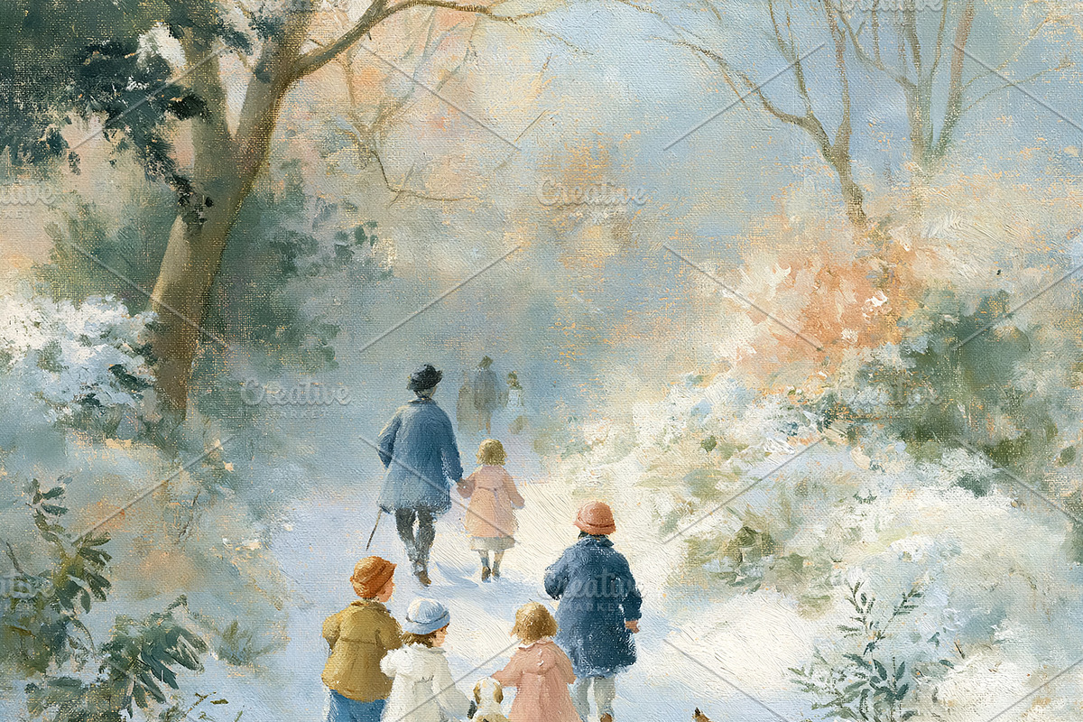 Family enjoying a winter walk through a snowy forest path with children and ani, an Illustration by Studio ANNA