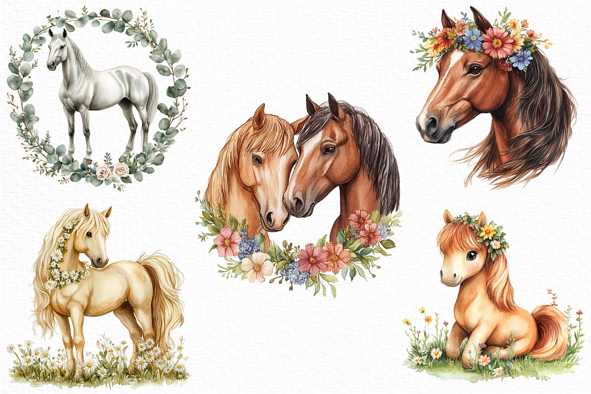 Watercolor Floral Horse Clipart, an Illustration by Craft Nest (Photo 5 of 6)