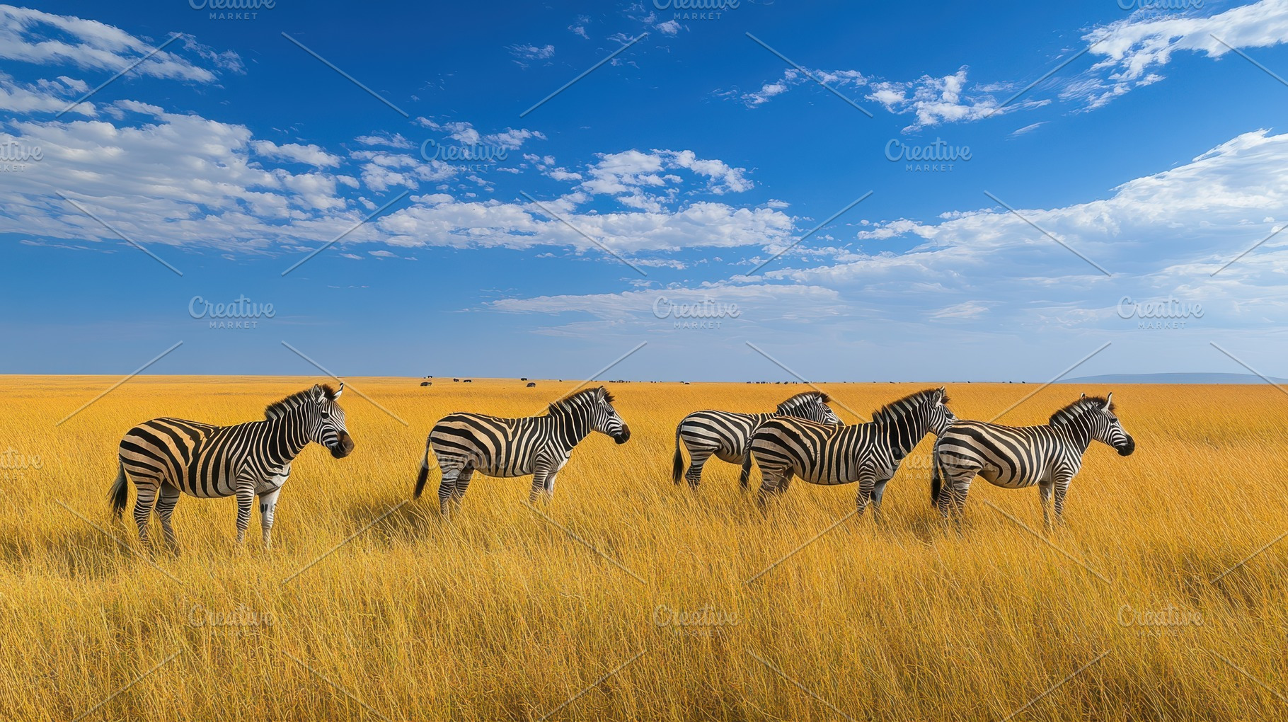 Zebras graze in golden grasslands un, an Animal Photo by Pixeness Studio