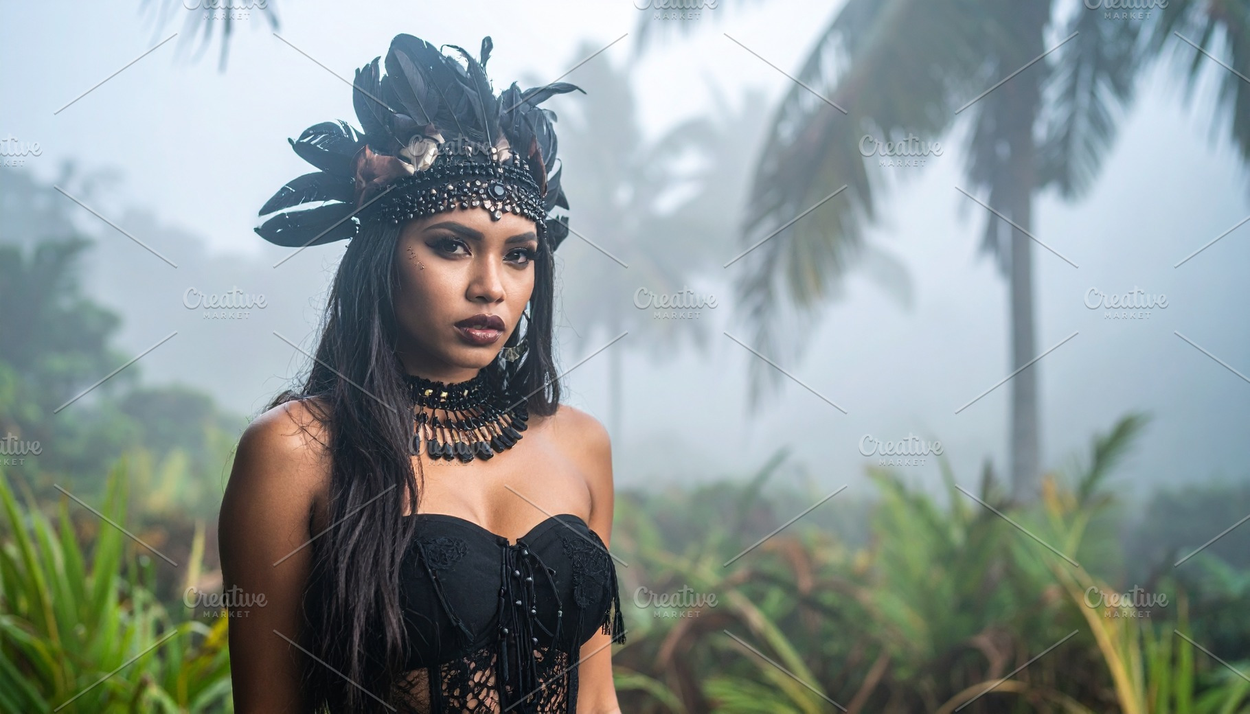beautiful young goth woman in fog, AI generated, a Photo by WorldOfPhotos