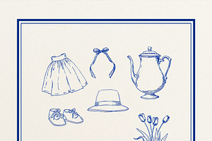 Motherhood and baby shower essentials displaying vintage blue ink sketches for, an Illustration by Studio ANNA