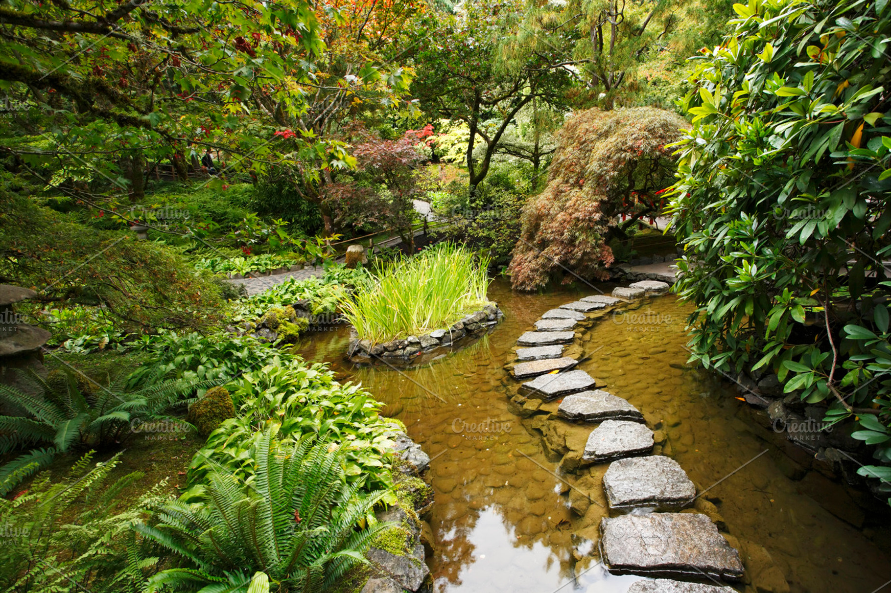 Traditional japanese garden stock photo containing stream and path, a Nature Photo by kavram