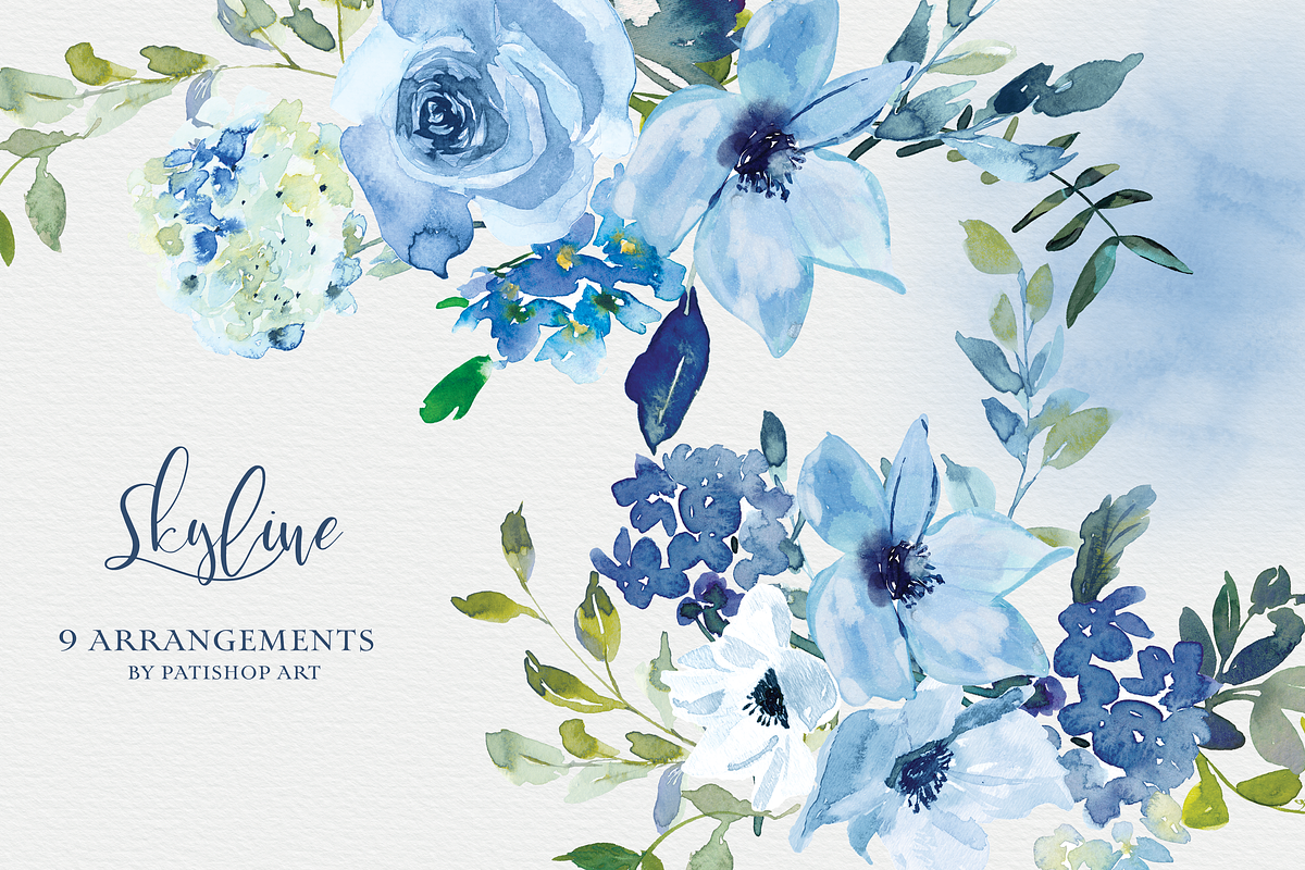 Watercolor Blue Florals Clipart Set, a Decorative Illustration by Patishop Art (Photo 4 of 14)