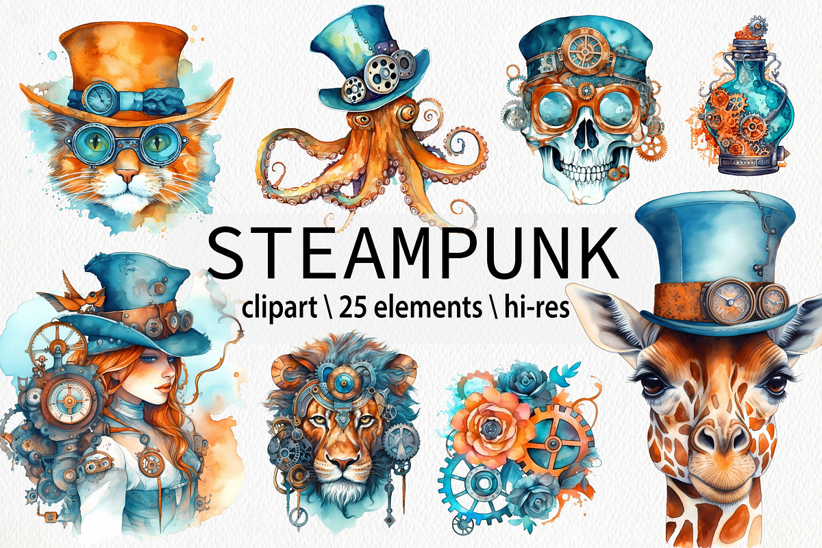 Watercolor Steampunk Clipart, an Animal Illustration by ArtIrisArt (Photo 1 of 8)