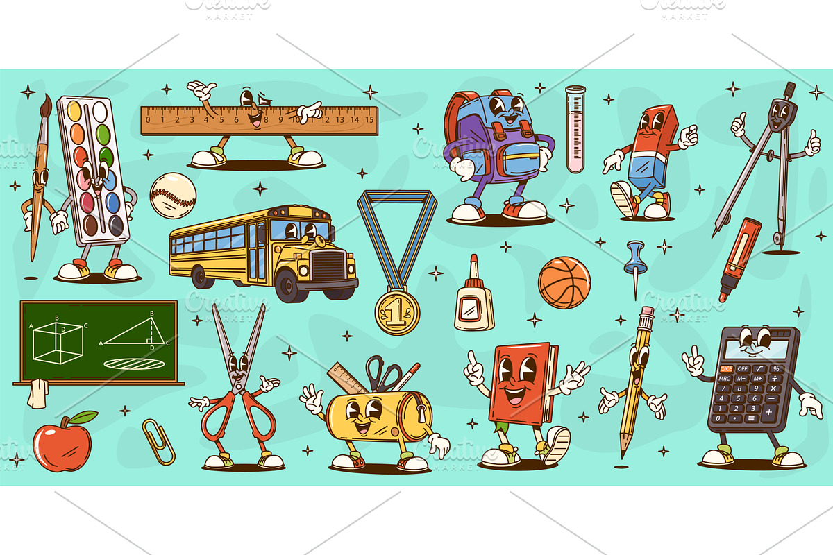 Cartoon groovy school stationery, an Education Illustration by Vector Tradition