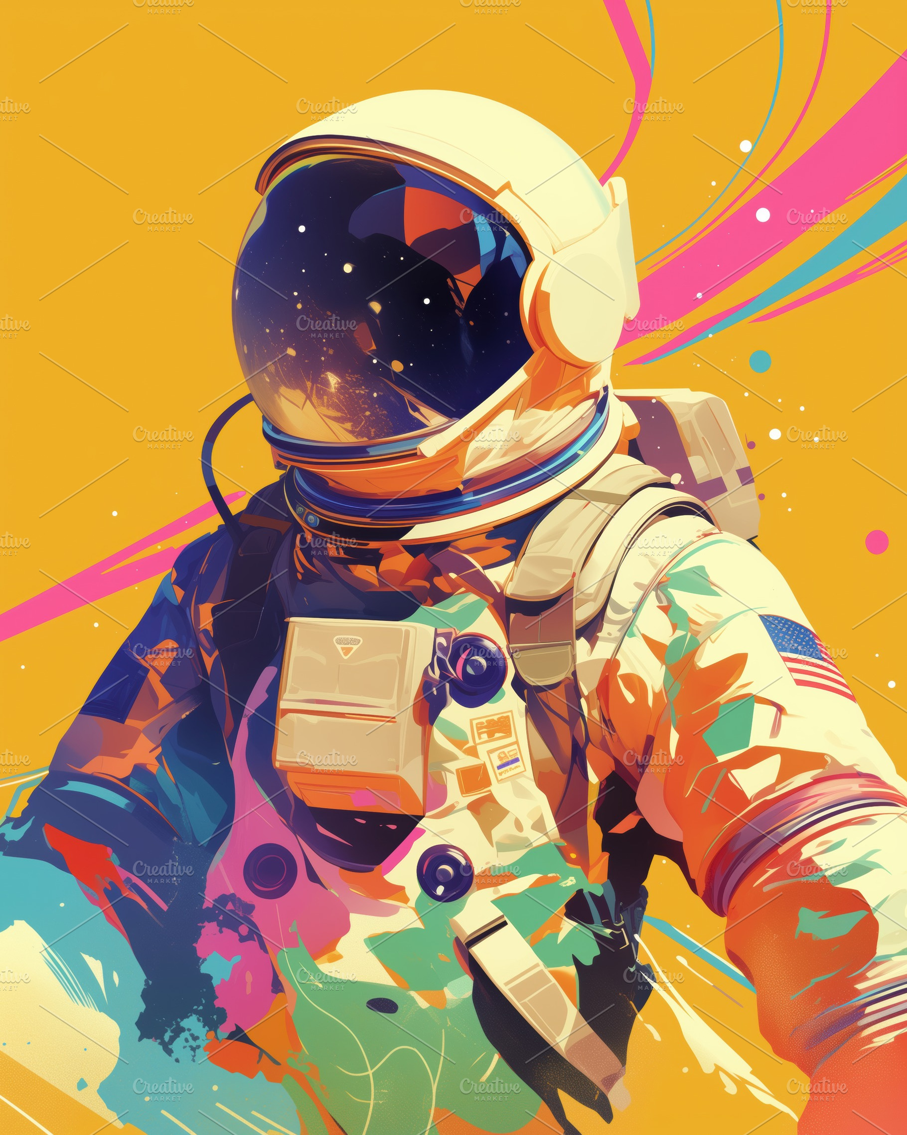 A vibrant and colorful illustration of an astronaut in a spacesuit against a br, an Arts & Entertainment Photo by Textures & Backgrounds