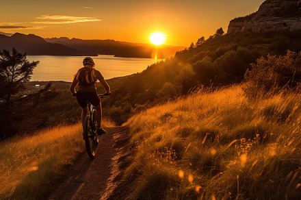 A low angle, her silhouette framed against the sunset, mountain, a Sports & Recreation Photo by designvectx