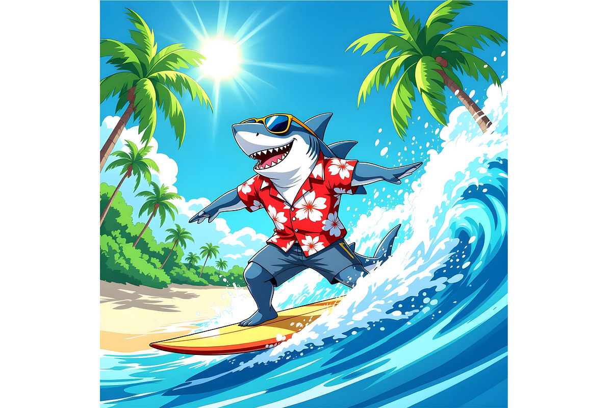 Shark Riding a Tropical Wave, an Animal Illustration by Sharon Schwalbe (Photo 2 of 2)