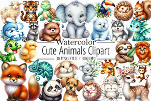 Cute Animals Watercolor Clipart, an Illustration by Libby Wishes