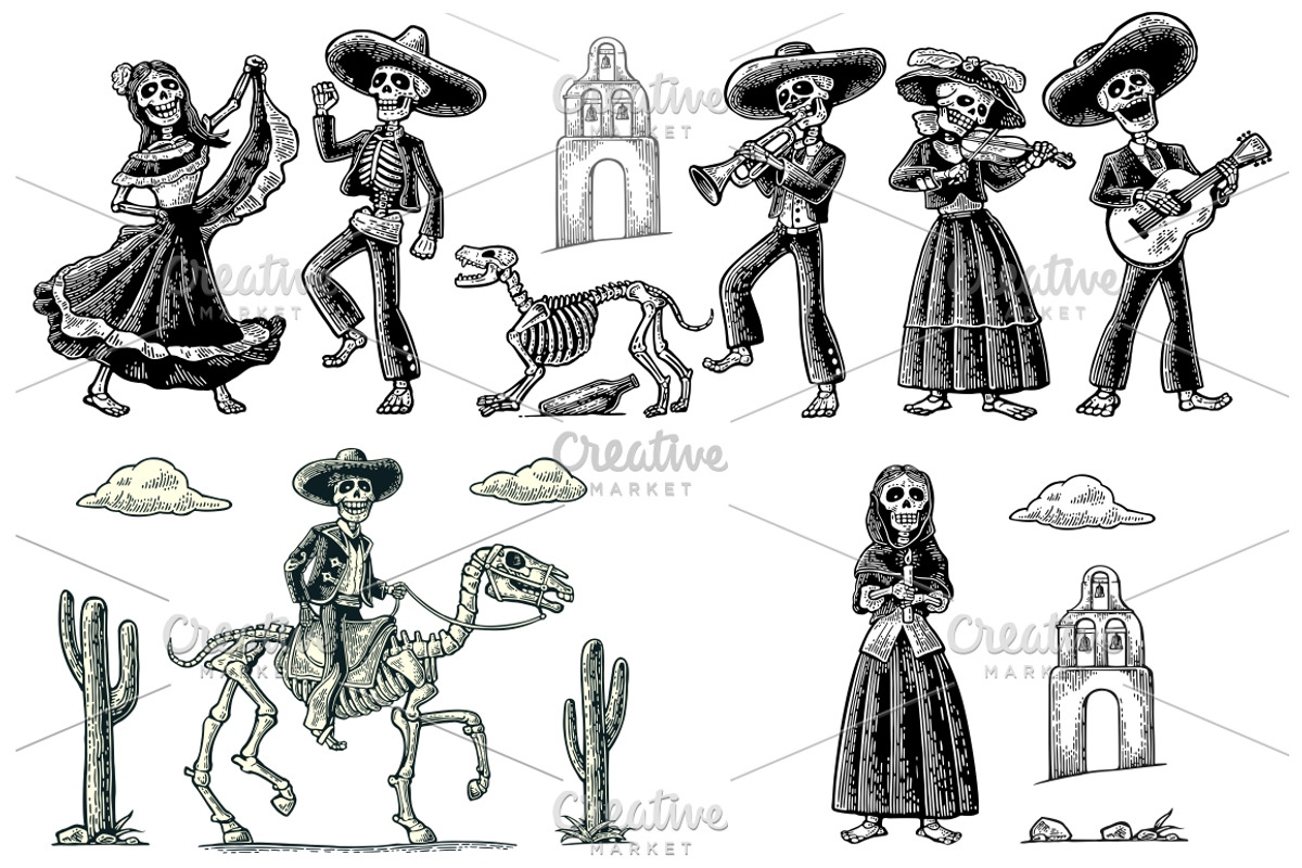 Skeleton dance play mexican desert, an Illustration by MoreVector (Photo 1 of 2)