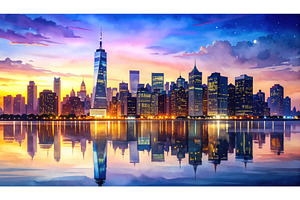 New York skyline with glowing sunset, an Architecture Photo by Igor Tichonow