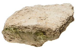 Rough natural stone with uneven surface and moss, isolated backg, an Abstract Photo by ndanko