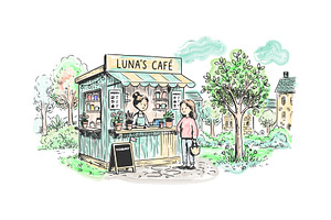 Hand Drawn Cafe Kiosk Scene
